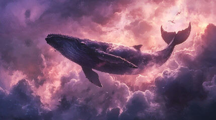 Fototapeta premium Artistic Style Painting of A Whale Swimming in the Sky Whale Flying in the Sky Aspect 16:9