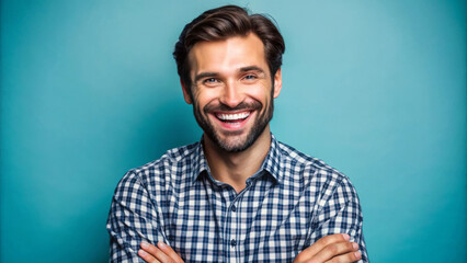 Obraz premium Smiling man with crossed arms, wearing checkered shirt against blue background, exuding confidence and friendliness. His cheerful expression adds warmth to image