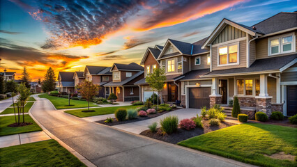 A picturesque street view of new construction neighborhood showcases modern homes under vibrant sunset sky. scene evokes sense of tranquility and community