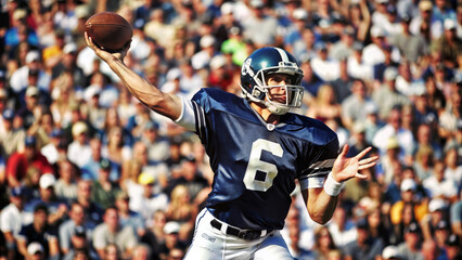 A quarterback throwing football in professional game, showcasing athleticism and focus amidst cheering crowd. energy of moment is palpable