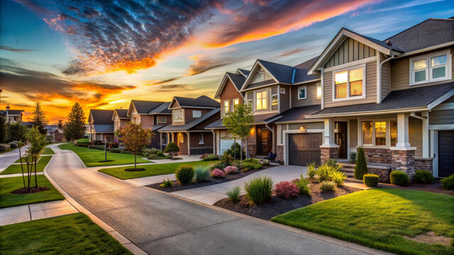 A picturesque street view of new construction neighborhood showcases modern homes under vibrant sunset sky. scene evokes sense of tranquility and community - Powered by Adobe