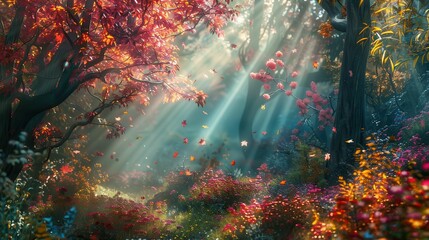 Obraz premium Sunbeams pierce through a vibrant underwater forest, illuminating colorful coral and aquatic plants.