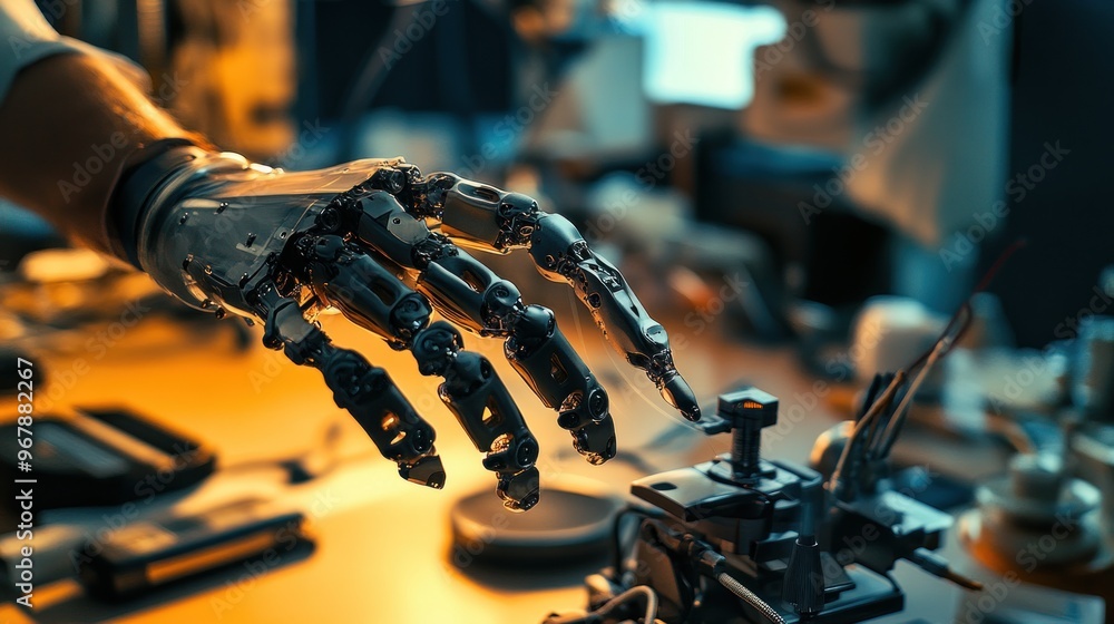 Aufkleber robotic hand reaching for a tool in a high-tech lab