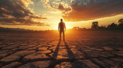 Silhouette of a Man Standing in a Dried-Up Lake at Sunset