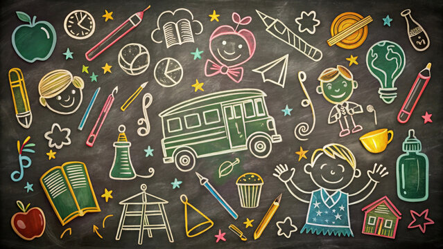 Back to school doodles featuring colorful illustrations of school supplies, children, and fun elements on chalkboard background evoke sense of excitement and creativity