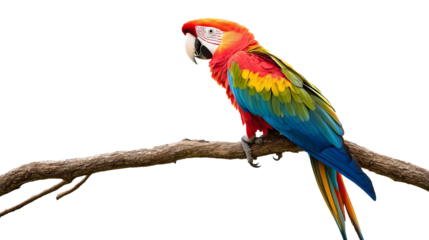 Exocotic colorful parrot on tree branch isolated on transparent or white background