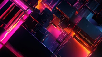 Photo of geometric shapes in bold neon colors, with sharp lines and glowing edges, layered to create a dynamic and futuristic design perfect for modern technology branding