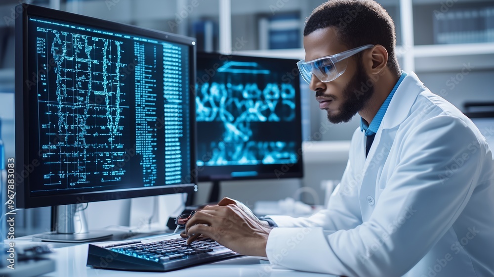 Poster a focused researcher in a lab coat analyzes data on multiple monitors during a late-night work sessi