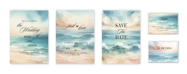 Set of wedding invitation with summer beach hand drawn watercolor background.