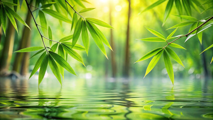 Lush bamboo leaves reflect over tranquil water, creating serene and peaceful atmosphere in vibrant green environment. sunlight filters through foliage, enhancing natural beauty