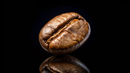 A single coffee bean isolated on black background, showcasing its rich texture and glossy surface. image captures essence of coffee, evoking warmth and comfort