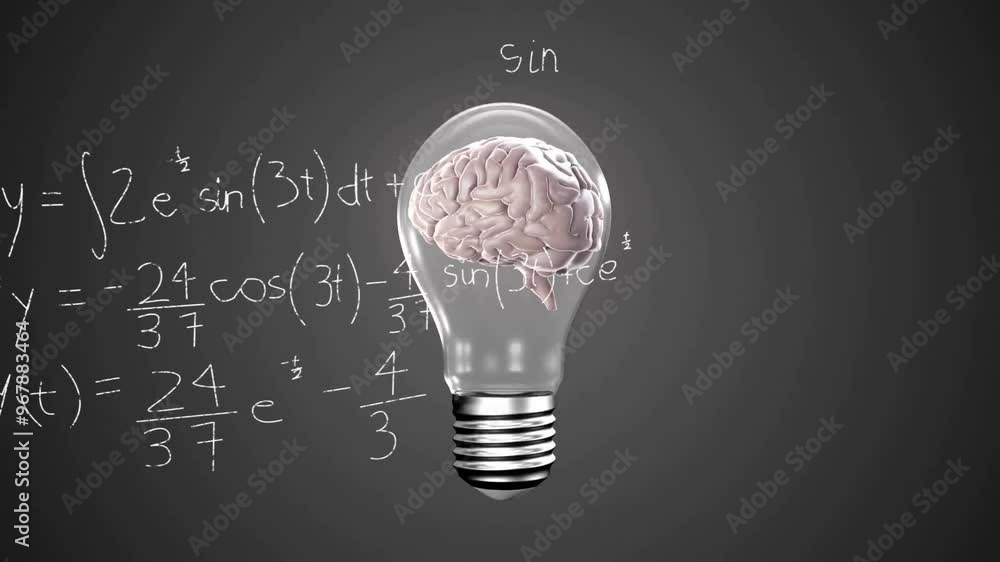 Poster Animation of light bulb with brain over mathematical equations on black background