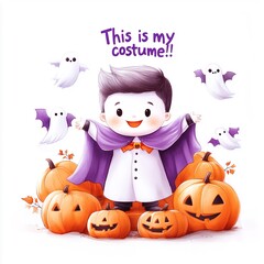 Adorable child dressed as vampire with pumpkins and ghosts for halloween fun with text This is my costume