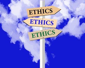 Ethics and ethics with three arrows, a wooden signpost sky with clouds.