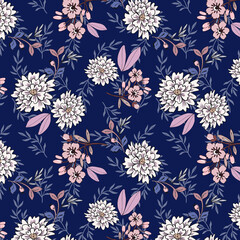 Hand drawn botanical blossom illustration outline bouquet blooming seamless pattern f