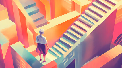 Grandma in labirynt - navigating impossible stairs and structures, in a maze with abstract elements. Maze. Illustration