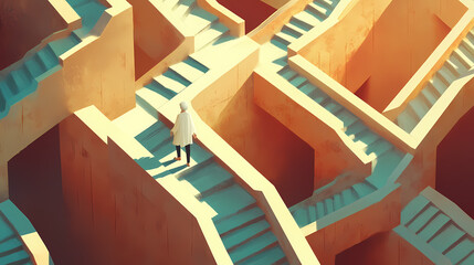Grandma in labirynt - navigating impossible stairs and structures, in a maze with abstract elements. Maze. Illustration