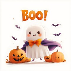 Cute halloween ghost with pumpkins and bats with lettering BOO