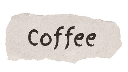 Coffee word, torn paper, beige digital sticker in transparent background