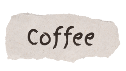 Coffee word, torn paper, beige digital sticker in transparent background