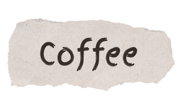 Coffee word, torn paper, beige digital sticker in transparent background