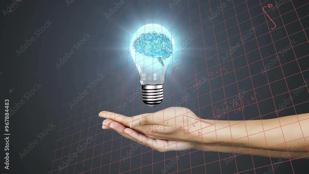 Poster animation of hands holding light bulb with brain over mathematical equations on black background