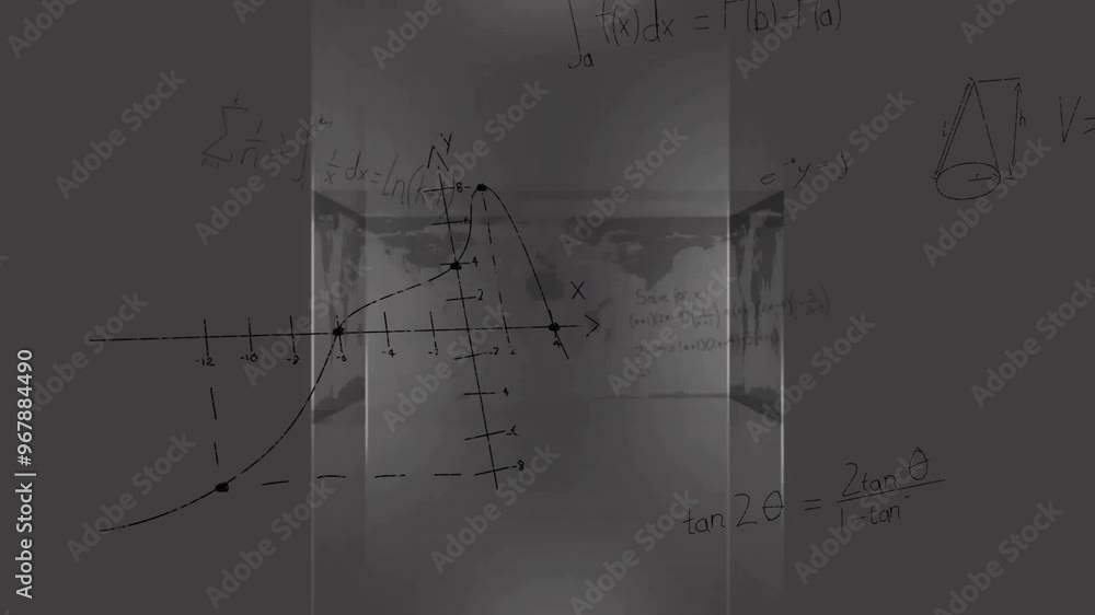Poster animation of world map over mathematical equations on black background