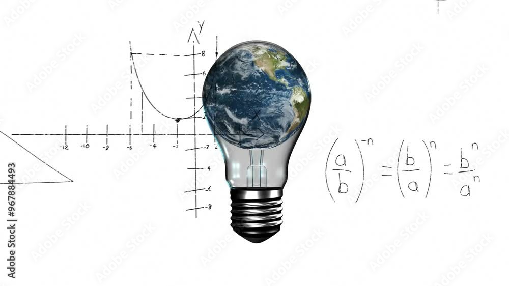 Poster animation of light bulb with globe over mathematical equations on white background