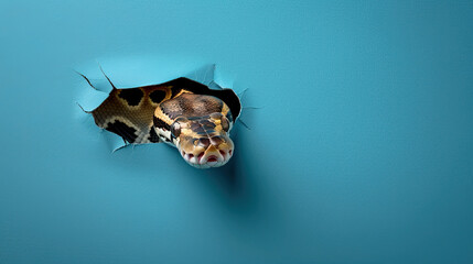 cute african rock python peeking through a hole in a blue paper wall