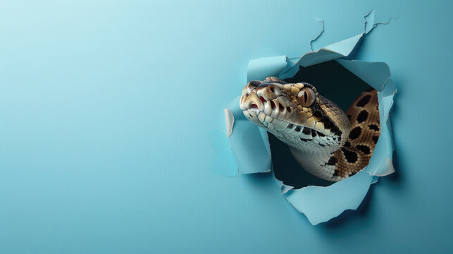 cute african rock python peeking through a hole in a blue paper wall