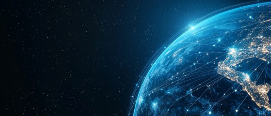 Obraz premium A futuristic concept of Earth with digital lines and lights extending into space, representing the power of cloud computing, big data, and the internet of things IoT