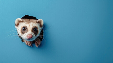cute ferret peeking through a hole in a blue paper wall