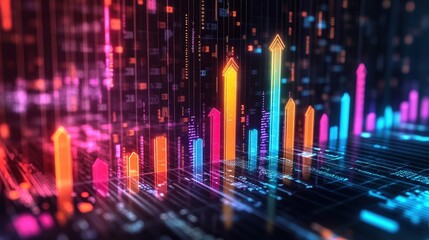 Fototapeta premium Financial growth chart with rising bar graphs and arrows pointing upwards, vibrant colors, high resolution, modern design