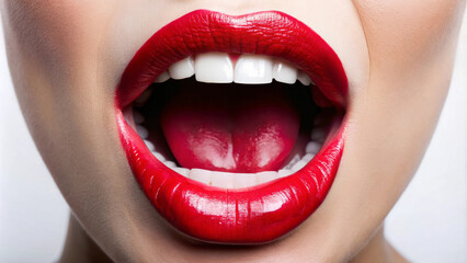 Obraz premium Close up view of female mouth with vibrant red lipstick, showcasing wide open expression that conveys excitement and boldness. glossy finish enhances allure