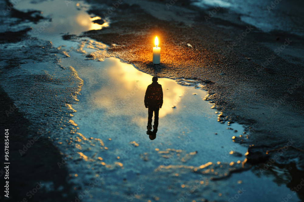 Poster a lone candle slowly melting in front of small figure reflected in puddle, creating serene and conte