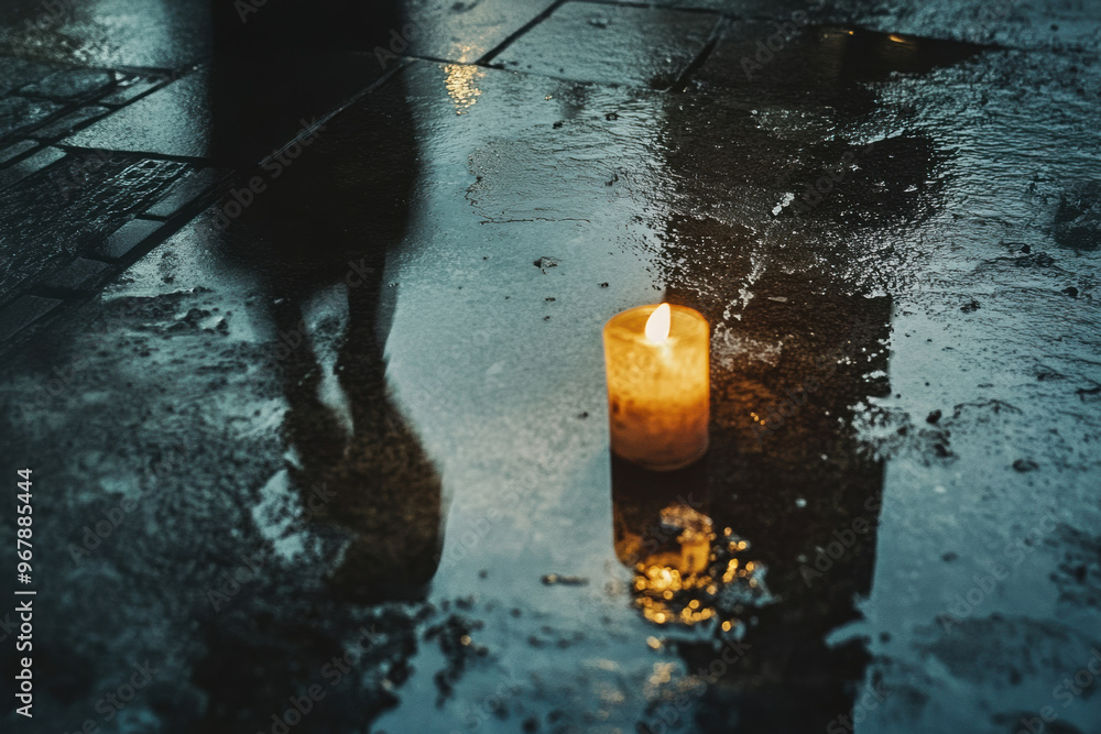 Poster a lone candle slowly melting in front of reflective surface, creating serene atmosphere. soft glow c