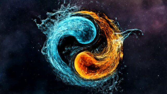 yin yang symbol with water and fire in unity video looping background	
