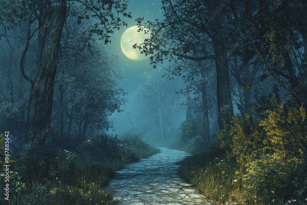 Poster a moonlit path in forest creates serene and mysterious atmosphere, inviting exploration into unknown