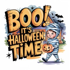 Lettering Boo! It's Halloween time. Adorable mummy child trick-or-treating on halloween night with pumpkin lantern