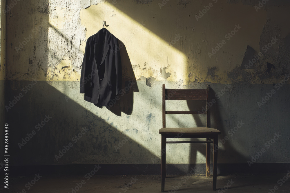 Poster an empty coat hanging on chair in room filled with peeling paint and shadows creates sense of solitu
