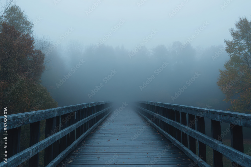 Poster a fog covered bridge stretches into distance, disappearing into thick mist, creating mysterious and 