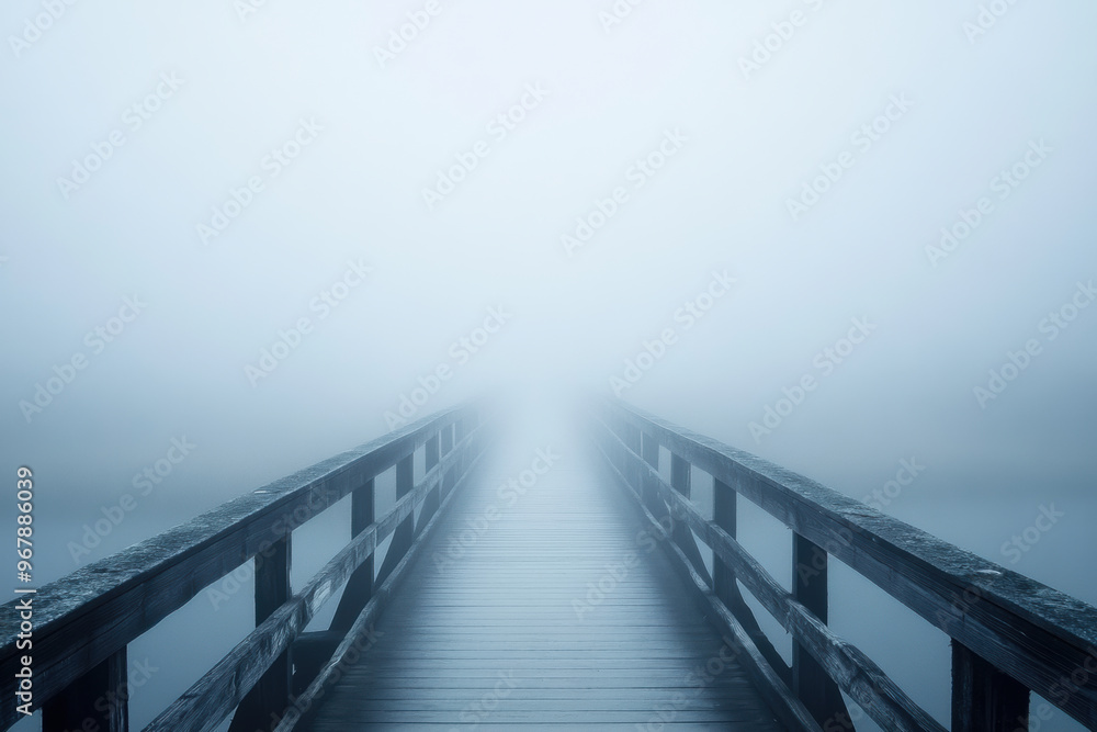 Poster a fog covered bridge extends into mist, creating sense of mystery and solitude. path seems endless, 