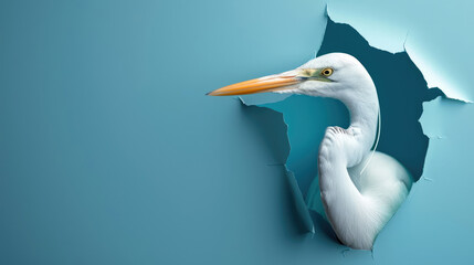 Fototapeta premium cute egret peeking through a hole in a blue paper wall