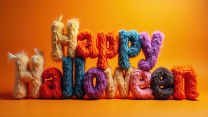 Creative fuzzy happy halloween text on vibrant orange background