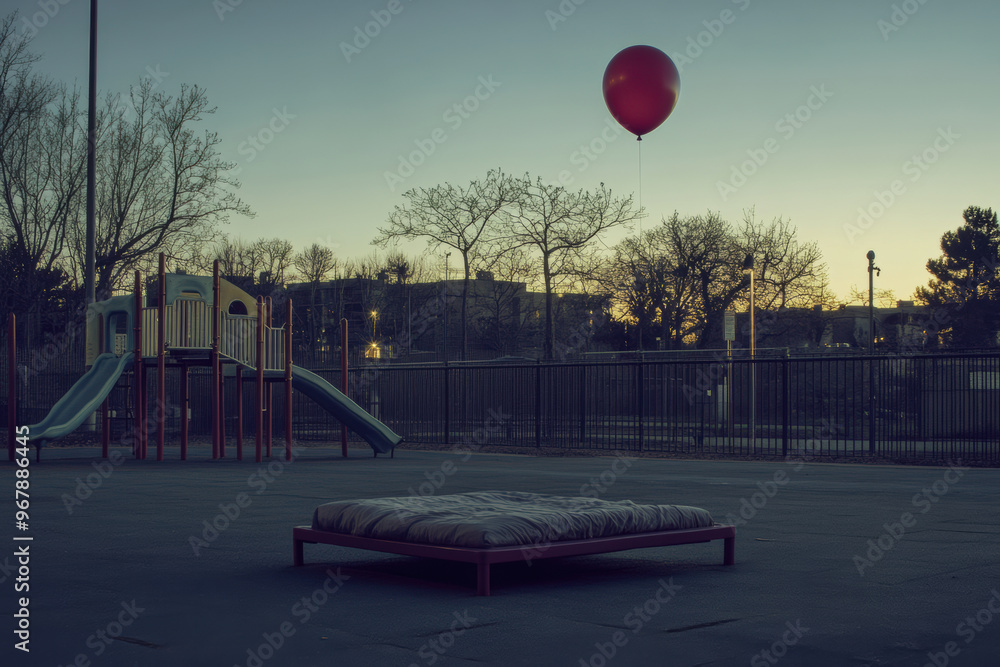 Poster a single red balloon floats into sky above an empty playground, creating surreal and whimsical atmos