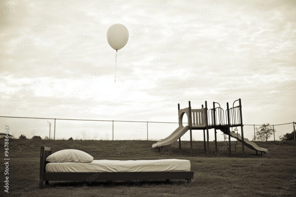 Poster a single balloon floats into sky above an empty bed, evoking sense of nostalgia and wonder. playgrou