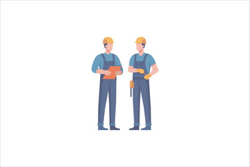 Construction Workers Male Character Stand In A Row, Donned In Safety Gear, Holding Tools, Ready To Tackle Working Tasks With Determination And Teamwork. Cartoon People Vector Illustration.