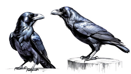 Fototapeta premium black raven in different poses on white background
