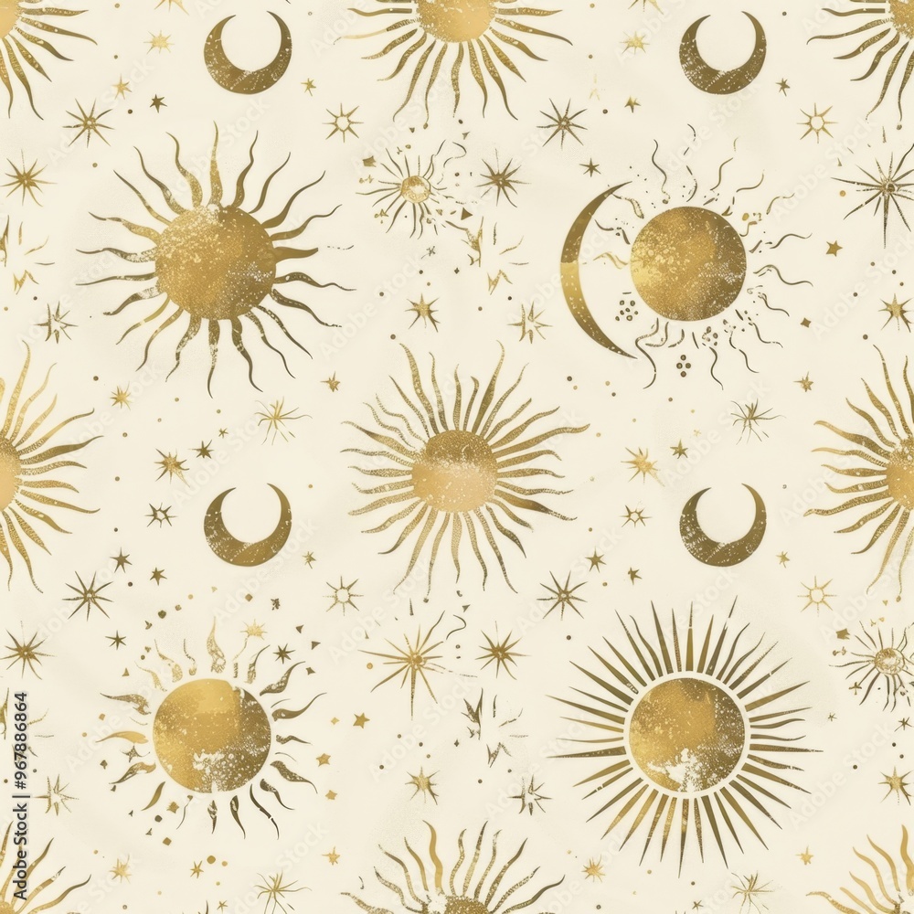Wall mural retro celestial design with suns, moons, and stars in gold against a cream background, creating a vi