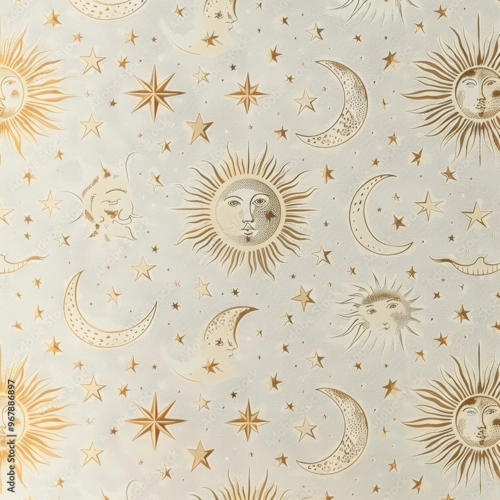 Wall mural retro celestial design with suns, moons, and stars in gold against a cream background, creating a vi